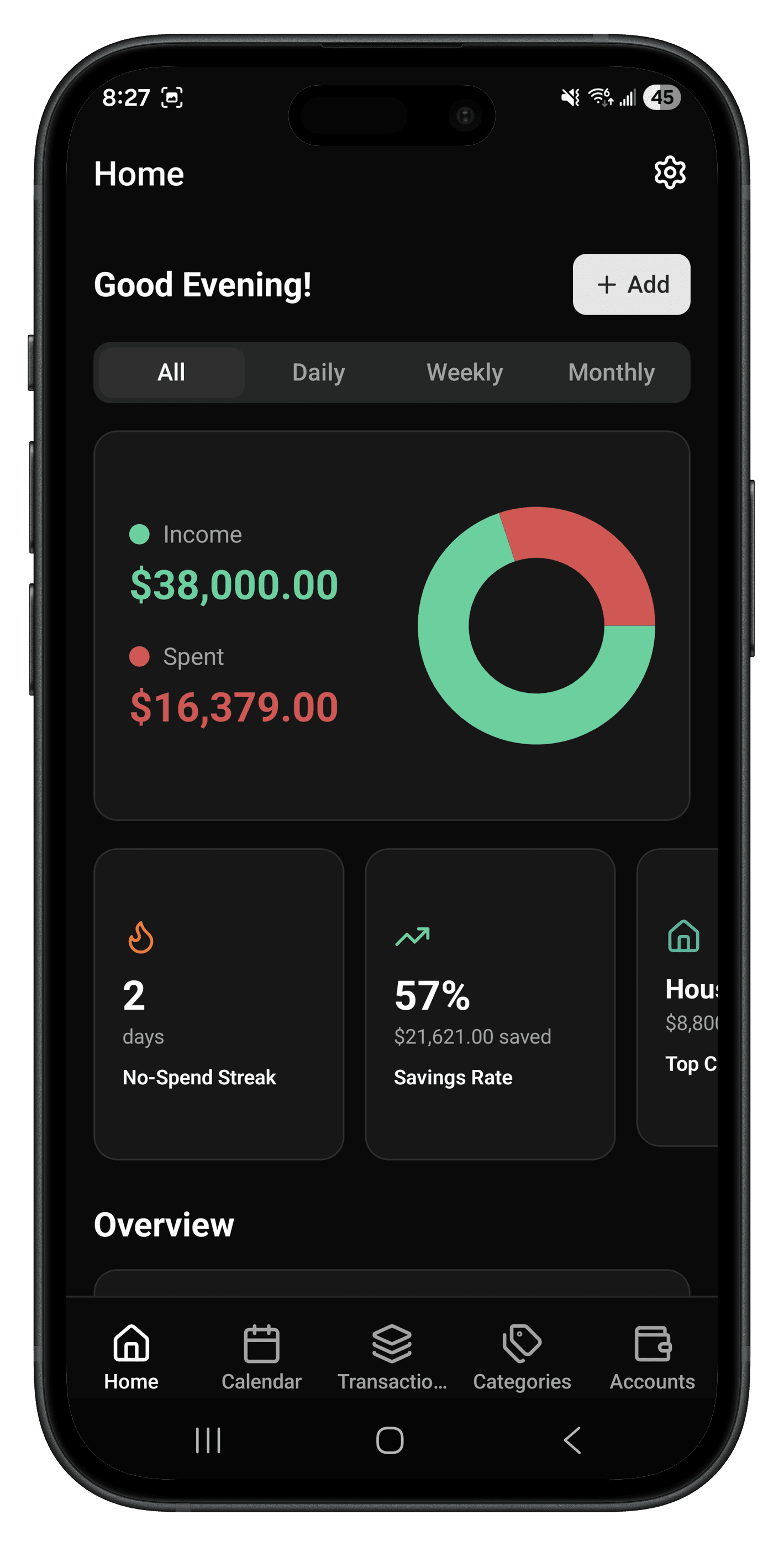 ExpenTally dark mode with beautiful charts