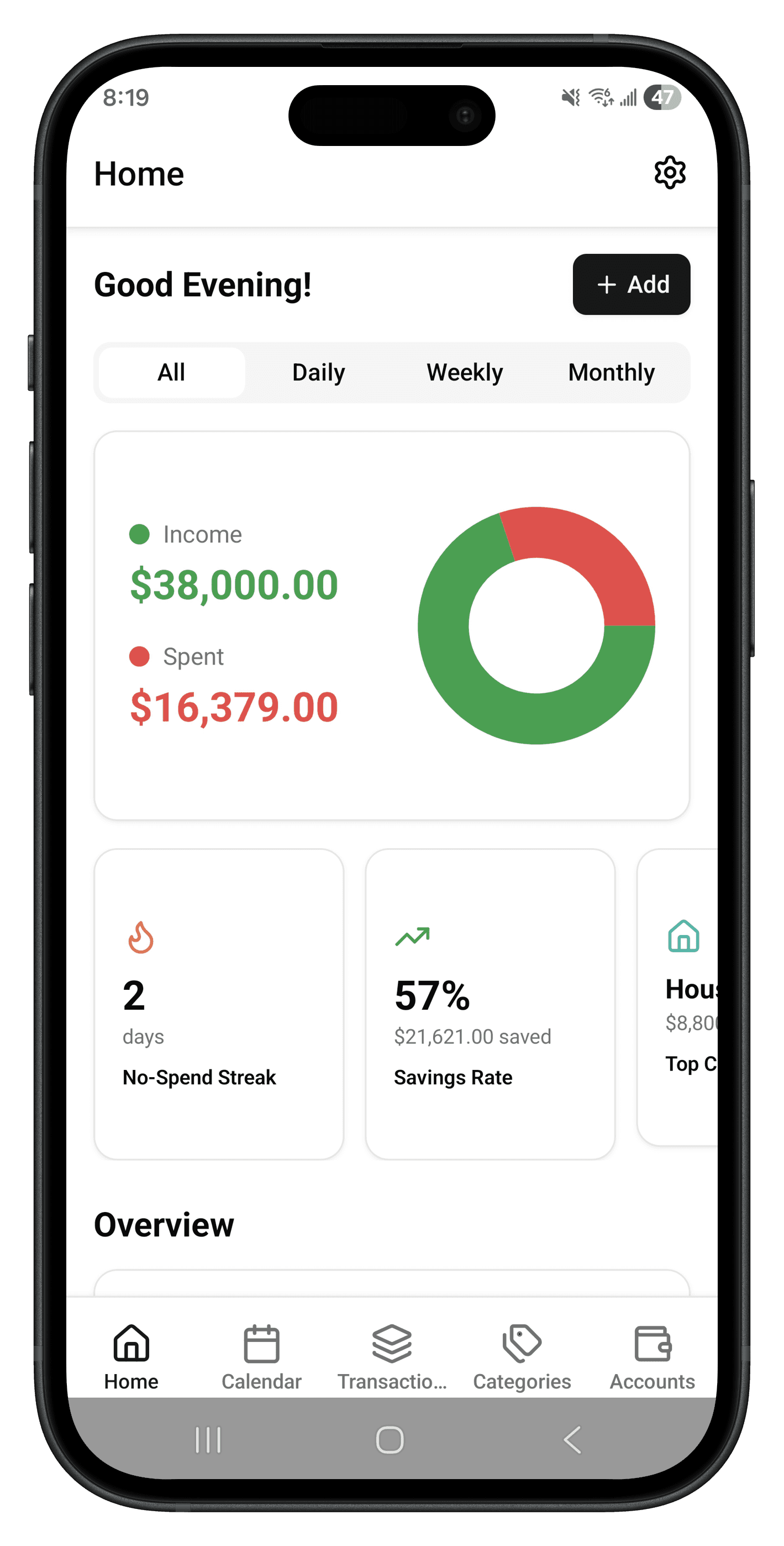 ExpenTally app dashboard showing income and expense overview with charts