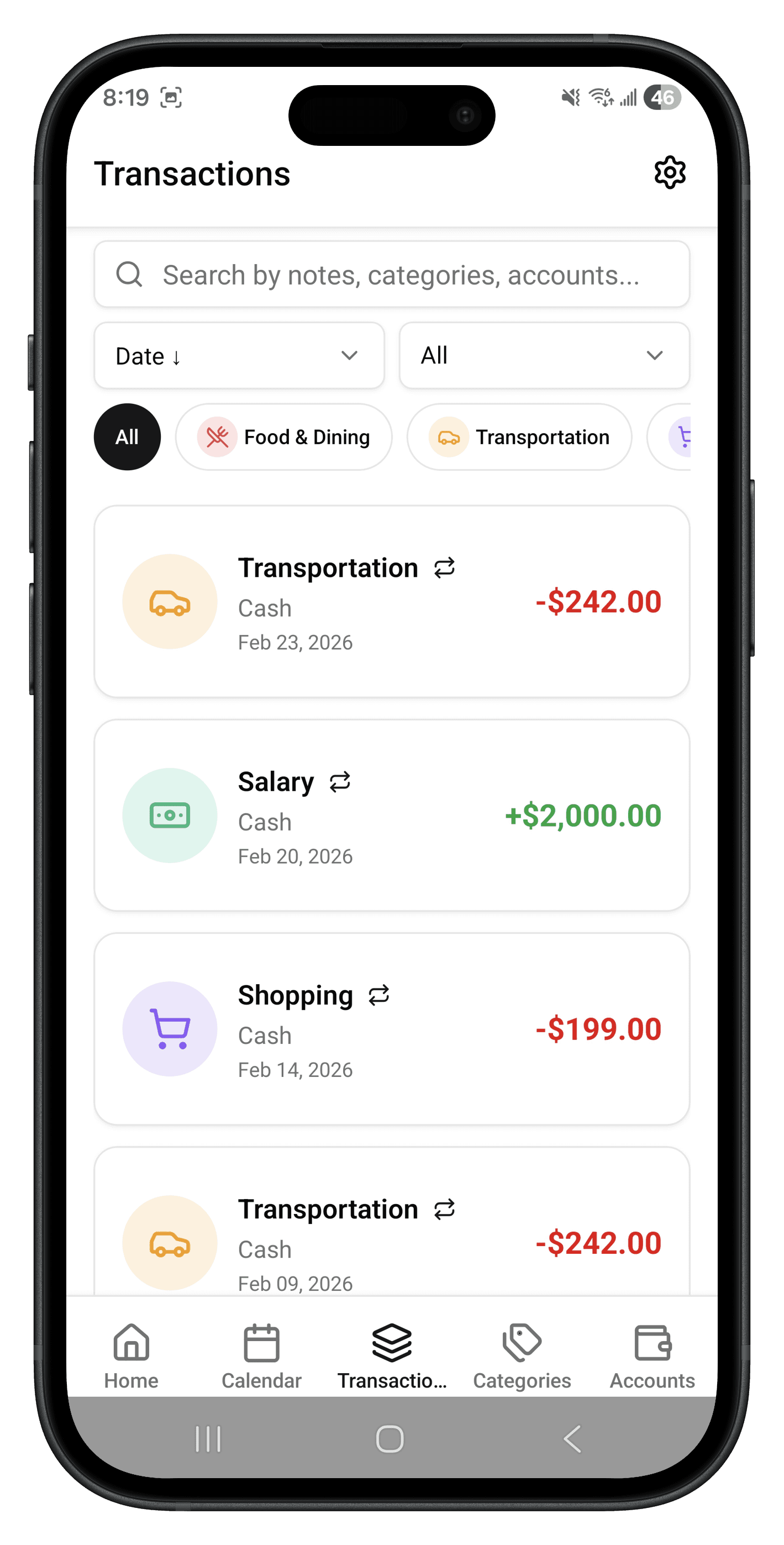 ExpenTally transactions list view